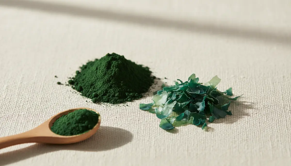 Spiruline en poudre et paillettes montrant son aspect naturel et sa richesse nutritionnelle