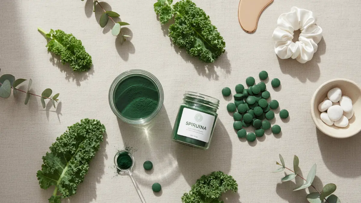 spiruline en poudre et comprimés présentés avec des ingrédients naturels pour illustrer ses bienfaits chez la femme