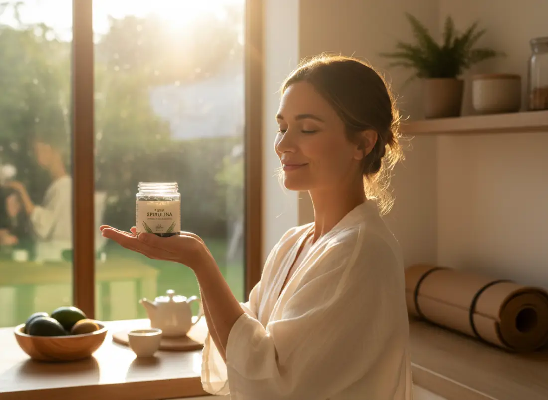 Femme avec de la spiruline montrant ses bienfaits pour l’énergie, le fer et la santé féminine