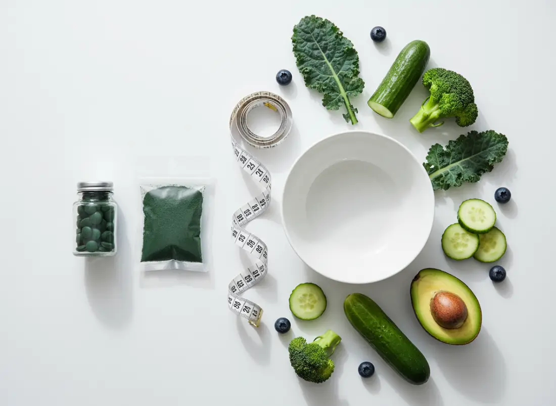 Spiruline en poudre et comprimés illustrant son rôle dans la gestion du poids et du régime
