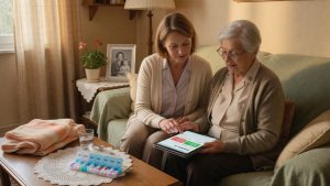 Deux femmes d'âges différents assises côte à côte regardent une tablette.