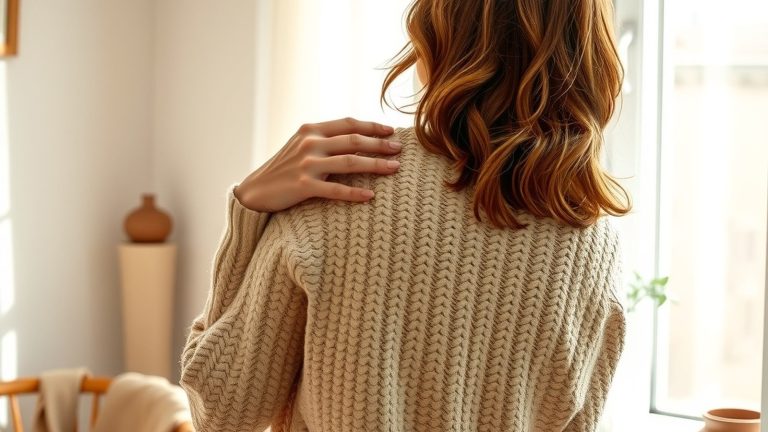 Femme vue de dos, cheveux châtain mi-longs, pull en maille beige, une main posée sur l'épaule près d'une grande fenêtre.